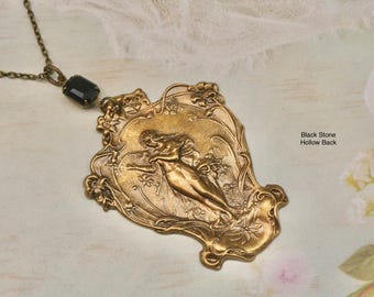 Art Nouveau Brass Goddess Necklace: Alphonse Mucha Style Pendant