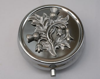 Thistle Pill Box- Pill Case- Pill Organizer- Trinket Pill Box- Scottish Gift- Flower Pill Box- Round Silver Pill Box- Small Pill Box