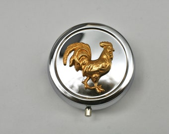 Rooster Pill Box Case, Silver Pill Box, Travel Pill Box, Pill Organizer, Trinket Box- Gift For Her Him