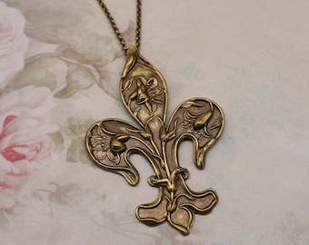 Art Nouveau Necklace- Fleur De Lis Necklace- Vintage Inspired- Statement Necklace- French Necklace - Woman’s Necklace- Brass Necklace