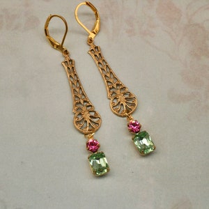 Peridot and Rose Pink Art Deco Earrings Filigree Earrings Flapper Earrings Downtown Abbey Vintage Inspired 1920s Earrings image 1