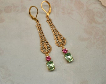 Peridot and Rose Pink Art Deco Earrings- Filigree Earrings- Flapper Earrings- Downtown Abbey- Vintage Inspired- 1920’s Earrings