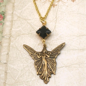 Jugendstil Collier *+Feengöttin+*: Schwarze Kristall geflügelte Nymphe