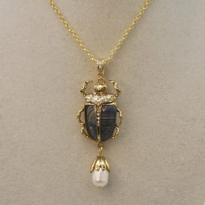 Scarab Necklace: Art Deco Egyptian Revival, Baroque Pearl