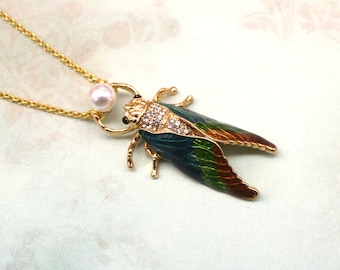 Cicada Necklace- Vintage Inspired Necklace- Pearl Necklace- Crystal Necklace- Insect Necklace- Bug Necklace- Unique Necklace
