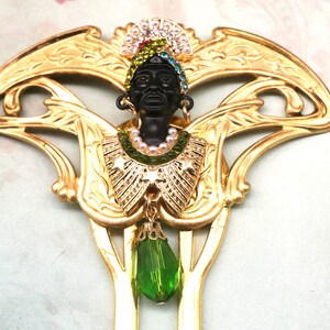 Brass Hair Stick Art Nouveau hair comb African Lady Hair Comb Crystal Hair Comb Green Hair Stick Egyptian Hair Comb Unique Hair Comb image 2