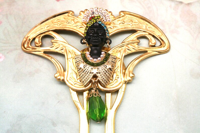 Brass Hair Stick Art Nouveau hair comb African Lady Hair Comb Crystal Hair Comb Green Hair Stick Egyptian Hair Comb Unique Hair Comb image 2