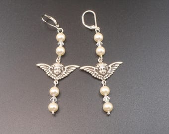 Silver Angel Earrings: Cream Pearl Dangle Angelcore Jewelry