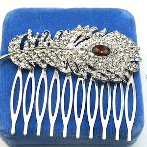 Amethyst Rhinestone Feather Hair Comb: Vintage Silver Accessory