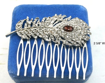 Amethyst Rhinestone Feather Hair Comb- Silver Hair Comb- Vintage Style Hair Comb- Hair Accessories
