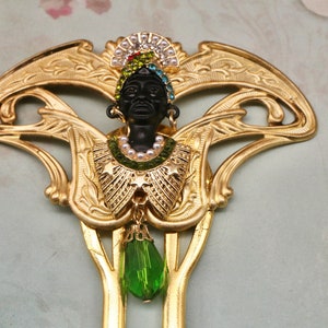 Brass Hair Stick Art Nouveau hair comb African Lady Hair Comb Crystal Hair Comb Green Hair Stick Egyptian Hair Comb Unique Hair Comb image 4