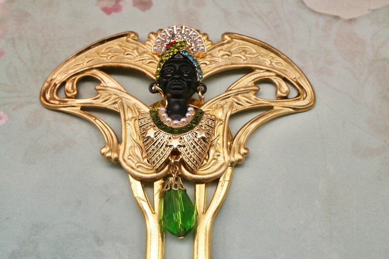 Brass Hair Stick Art Nouveau hair comb African Lady Hair Comb Crystal Hair Comb Green Hair Stick Egyptian Hair Comb Unique Hair Comb image 4