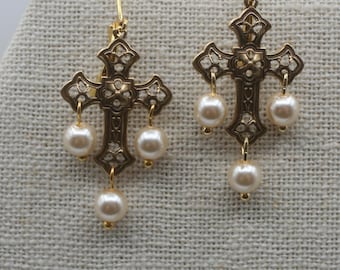 Brass Filigree Cross Earrings with Cream Pearls - Religious Jewelry