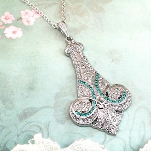 Emerald Green Art Deco Necklace- Crystal Necklace- Silver Necklace- Great Gatsby- Vintage Inspired 1920’s Jewelry- Women’s Necklace