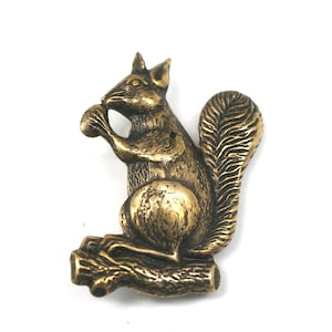 May include: A bronze-colored squirrel figurine, holding a nut, perched on a log. The squirrel has a bushy tail and detailed fur texture. The figurine is a decorative item, likely for home decor.