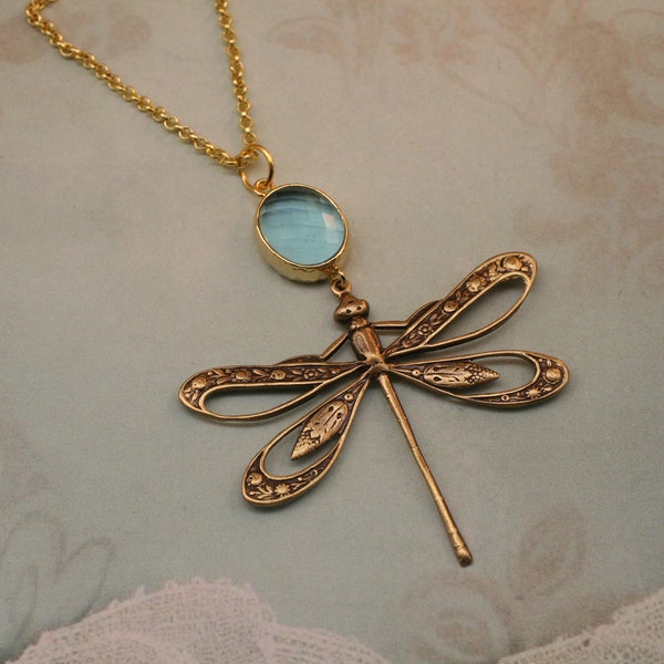 Dragonfly Necklace- Art Deco Necklace- Vintage Inspired Necklace- Bug Necklace- Woodland Jewelry- Brass Necklace- Statement Necklace