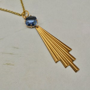 Art Deco Necklace: Blue Glass & Brass Flapper Pendant