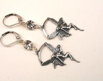 Crystal Fairy Earrings: Silver Plated Winged Drop Earrings