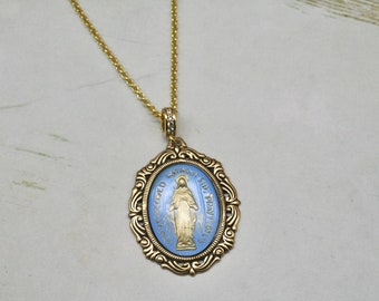 Virgin Mary Cameo Necklace: Blue Glass, Gold Plated Chain
