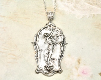 Silver Plated Art Nouveau Goddess Necklace - Alphonse Mucha Style