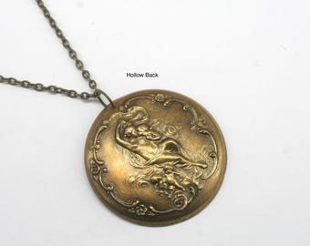 Large Maiden & Cherub Necklace: Vintage Inspired Brass Pendant