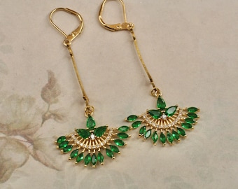 Art Deco Earrings- Emerald Green Earrings- Crystal Fan Earrings- Flapper Earrings- Vintage Inspired 1920’s Earrings- Downtown Abbey
