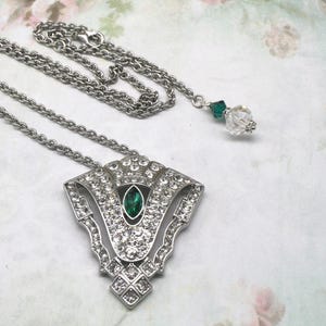 Emerald Green Crystal Silver Necklace- Art Deco Necklace- Vintage Inspired- Great Gatsby- Old Hollywood Jewelry- Statement Necklace