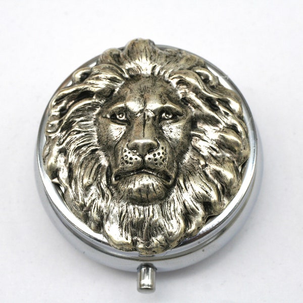 Lion Pill Box, Silver Pill Box, Lion Head Pill Box, Pill Organizer, Round Pill Box, Lion Gift, Trinket Box, Gothic Pill Box,Gift For Her Him