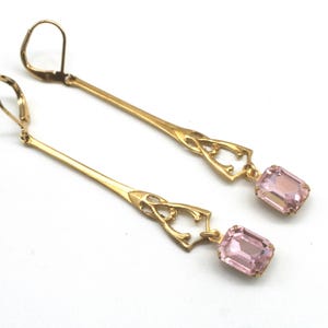 Art Deco Long Drop Earrings: Pink Glass, Gold Plated