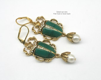 Green Scarab Beetle Earrings: Egyptian Revival Baroque Pearl Dangles