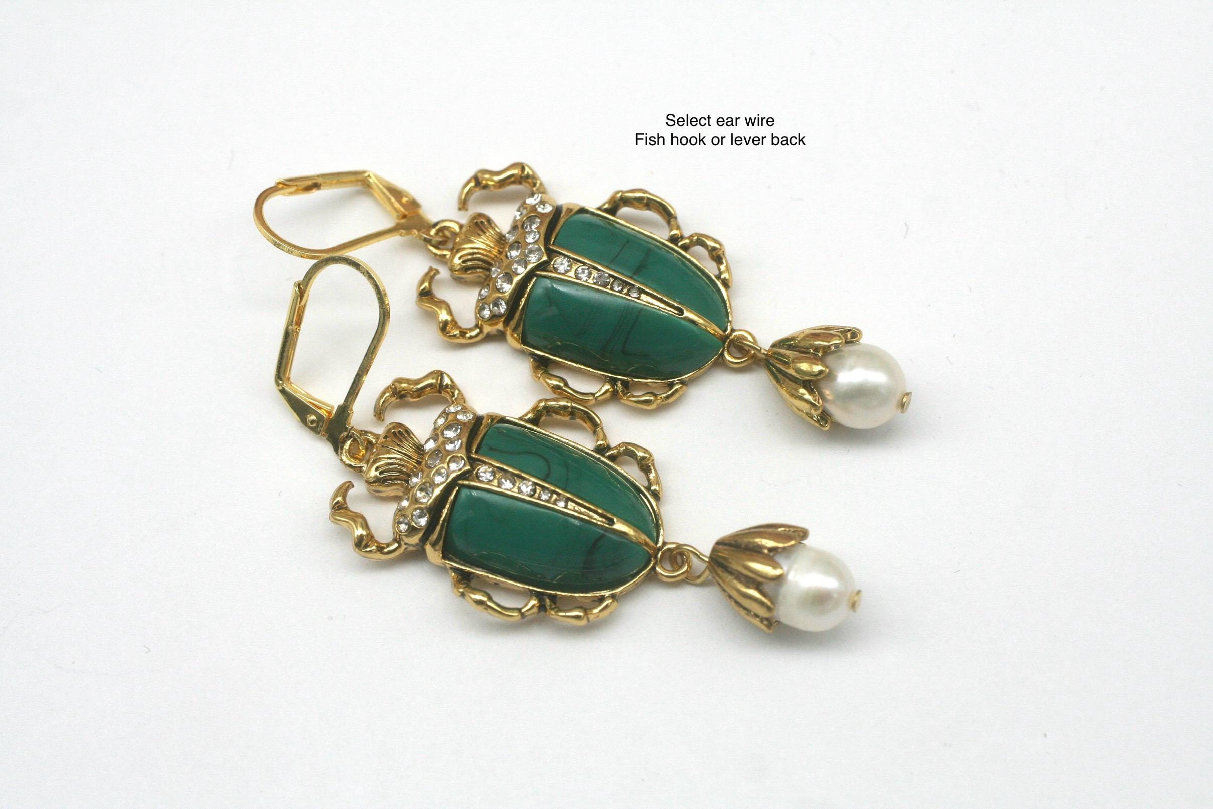 Green Scarab Earrings - Egyptian Earrings- Beetle Earrings - Egyptian Revival Jewelry- Baroque Pearl Earrings - Dangle Earrings-Gift For Her