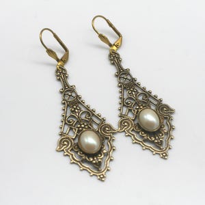 Pink Quartz Filigree Earrings: Brass Art Deco Drop Earrings