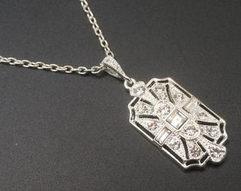 Art Deco Crystal Necklace: Silver CZ Pendant, Downton Abbey Style