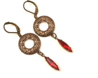 Red Crystal Drop Earrings: Brass Filigree, Dark Academia Style