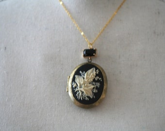 Lily Of The Valley Locket, Antiqued Brass Oval Locket, Cameo Necklace, Picture Locket, Flower Locket, Big Locket, Black And Ivory