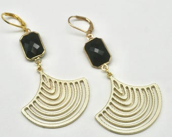 Large Brass Fan Earrings: Art Deco Black Dangle Earrings