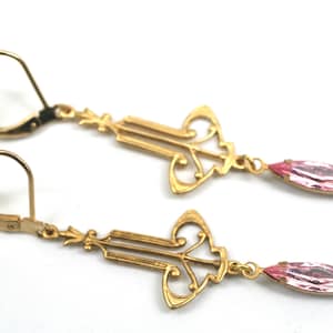 Vintage Earrings- Pink Earrings-Art Deco Earrings- Great Gatsby- Flapper Earrings- Coquette Earrings-Long Drop Earrings-Renaissance Earrings