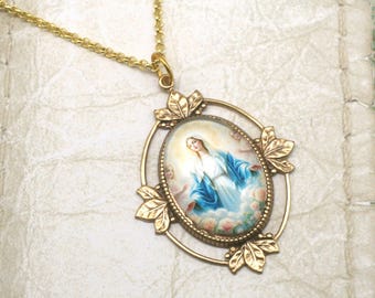 Blessed Mother Cameo Necklace: Brass Setting, Gold-Plated Chain
