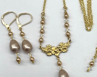 Light Gold Pearl Necklace and Earrings Set: Victorian Floral Jewelry