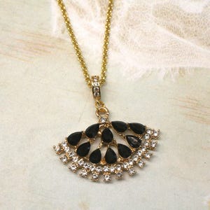 Art Deco Fan Necklace: Black Crystal & CZ, Gold Plated Chain