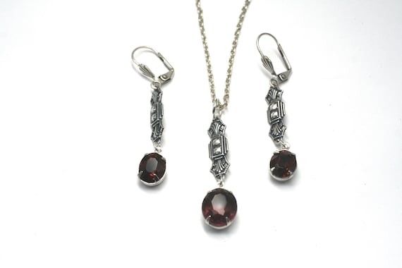 Ruby Red Rhinestone Necklace and Earrings Set: Silver Plated Art Deco Jewelry