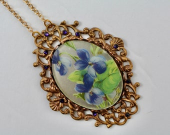 Solid Brass Filigree With Purple Forget Me Not Flower Cabochon And Purple Swarovski Crystal Necklace, Cameo Necklace, Gift For Woman