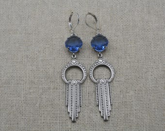 Blue Glass Silver Art Deco Dangle Earrings