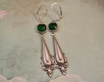 Silver and Emerald Green Earrings- Art Deco Earrings- Vintage Inspired 1920’s Earrings- Great Gatsby- Flapper Earrings- Downtown Abbey