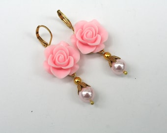 Pink Rose Earrings- pink Swarovski PearlEarrings- Victorian Earrings- Victorian Jewelry- Bridal Earrings- Bridesmaid Earrings - Gift For Her