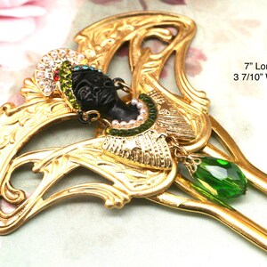 Brass Hair Stick Art Nouveau hair comb African Lady Hair Comb Crystal Hair Comb Green Hair Stick Egyptian Hair Comb Unique Hair Comb image 1