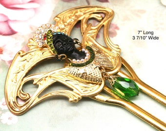 Brass Hair Stick- Art Nouveau hair comb- African Lady Hair Comb- Crystal Hair Comb- Green Hair Stick- Egyptian Hair Comb- Unique Hair Comb