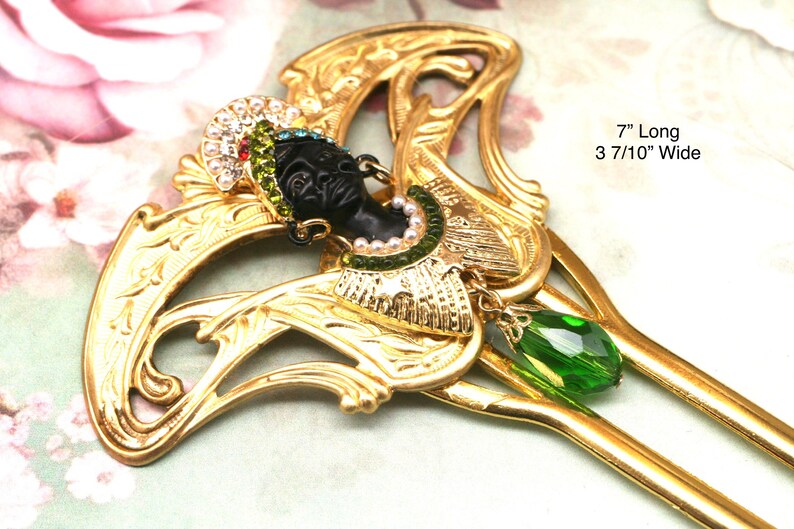 Brass Hair Stick Art Nouveau hair comb African Lady Hair Comb Crystal Hair Comb Green Hair Stick Egyptian Hair Comb Unique Hair Comb image 1