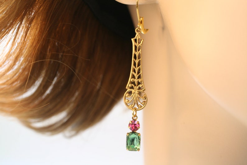 Peridot and Rose Pink Art Deco Earrings Filigree Earrings Flapper Earrings Downtown Abbey Vintage Inspired 1920s Earrings image 6