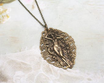 Alphonse Mucha Goddess Necklace: Brass Art Deco Statement Jewelry